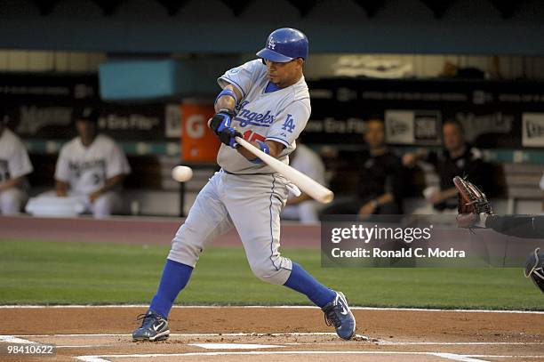 Rafael Furcal of the Los Angeles Dodgers bats against the Florida Marlins during the Marlins home opening game at Sun Life Stadium on April 9, 2010...