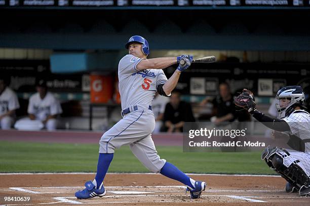 Reed Johnson of the Los Angeles Dodgers bats against the Florida Marlins during the Marlins home opening game at Sun Life Stadium on April 9, 2010 in...