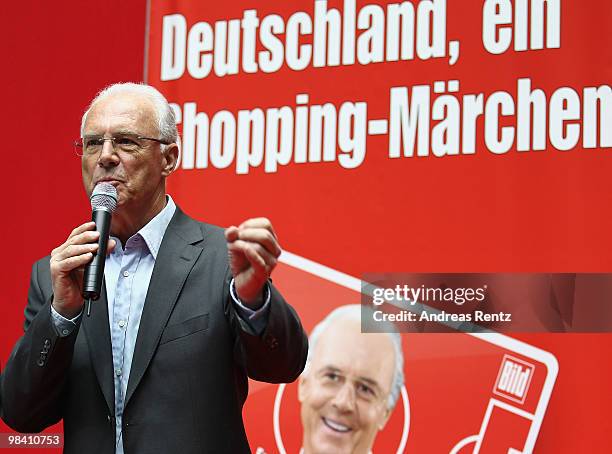 Franz Beckenbauer speaks at a news conference during his visit to Axel Springer publishing house on April 12, 2010 inBerlin, Germany. Beckenbauer...