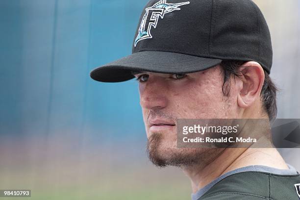 Jorge Cantu of the Florida Marlins during batting practice before a MLB game against the Los Angeles Dodgers at Sun Life Stadium on April 9, 2010 in...