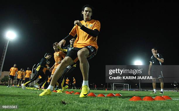 Qatar club's Sebastian Soria leads his teammates during a training session in Doha on April 12, 2010 on the eve of the first leg of the GCC Clubs...