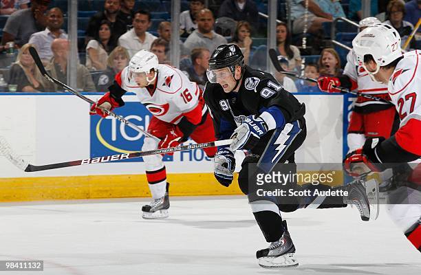 Steven Stamkos of the Tampa Bay Lightning skates against the Carolina Hurricanes at the St. Pete Times Forum on April 6, 2010 in Tampa, Florida.