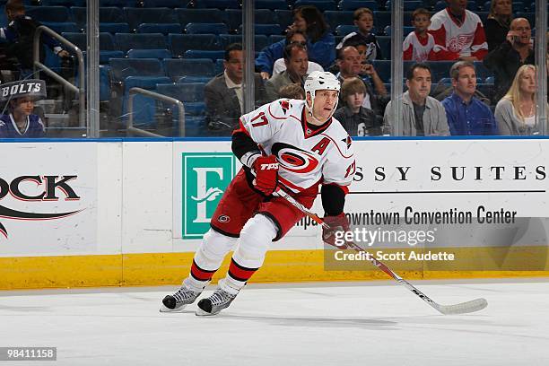 Rod Brind'Amour of the Carolina Hurricanes skates against the Tampa Bay Lightning at the St. Pete Times Forum on April 6, 2010 in Tampa, Florida.