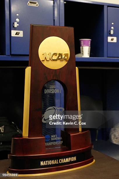 Detail of the national championship trophy as it sits in the Duke Blue Devils locker room after the Blue Devils won 61-59 against the Butler Bulldogs...