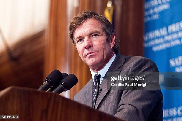 Dennis Quaid speaks about the prevention of potentially deadly medical errors at the National Press Club on April 12, 2010 in Washington, DC.