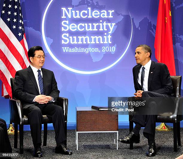 President Barack Obama holds a bilateral meeting with President Hu Jintao of China on the sidelines of the Nuclear Security Summit at the Washington...