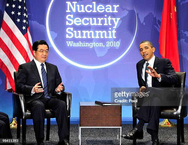 President Barack Obama holds a bilateral meeting with President Hu Jintao of China on the sidelines of the Nuclear Security Summit at the Washington...