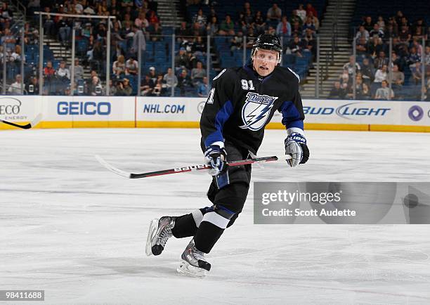 Steven Stamkos of the Tampa Bay Lightning skates against the Carolina Hurricanes at the St. Pete Times Forum on April 6, 2010 in Tampa, Florida.