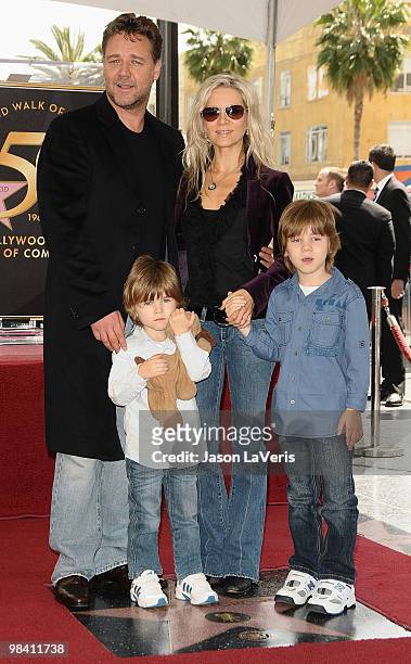 Actor Russell Crowe, his wife, Danielle Spencer and sons Tennyson Spencer Crowe and Charles Spencer Crowe attend Russell Crowe's induction at...