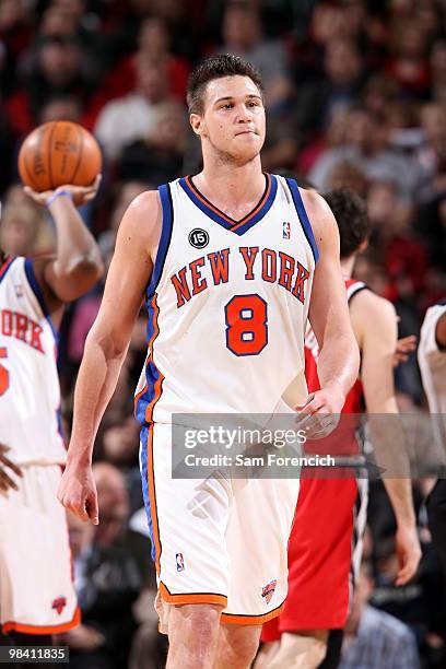 Danilo Gallinari of the New York Knicks looks on during the game against the Portland Trail Blazers at The Rose Garden on March 31. 2010 in Portland,...