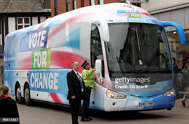 General view of the Conservative party battle bus in Loughborough's Market Place on April 12, 2010 in Loughborough, England. Mr Cameron responded to...