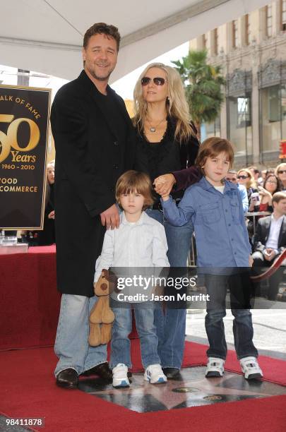 Actor Russell Crowe and his wife Danielle Spencer, with their children Charles Spencer Crowe, and Tennyson Spencer Crowe pose while Russell Crowe is...