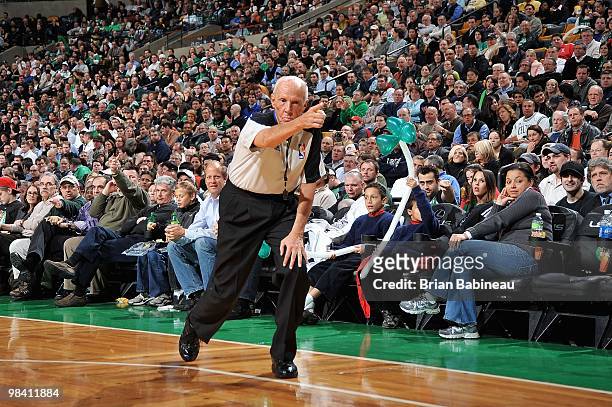 Referee Dick Bavetta makes a call during the game between the Charlotte Bobcats and the Boston Celtics on March 3, 2010 at TD Banknorth Garden in...