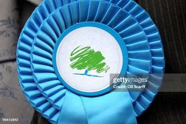 Detail view of a Conservative party rosette worn by a supporter in Loughborough's Market Place on April 12, 2010 in Loughborough, England. Mr Cameron...