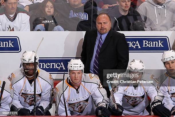 Head coach Barry Trotz of the Nashville Predators during the NHL game against the Phoenix Coyotes at Jobing.com Arena on April 7, 2010 in Glendale,...