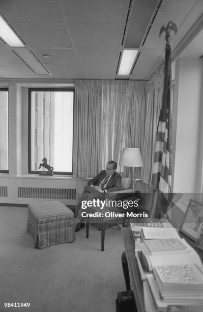 Portrait of former President of the United States Richard M. Nixon in his office at One Federal Plaza, New York, New York, early 1980s.