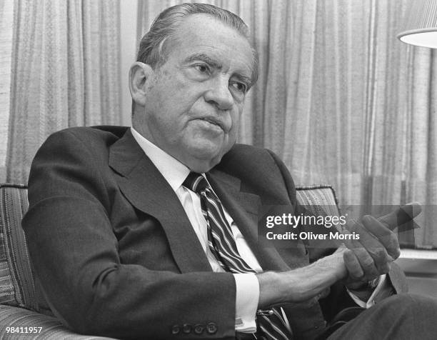 Portrait of former President of the United States Richard M. Nixon in his office at One Federal Plaza, New York, New York, early 1980s.