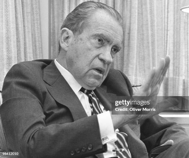 Portrait of former President of the United States Richard M. Nixon in his office at One Federal Plaza, New York, New York, early 1980s.