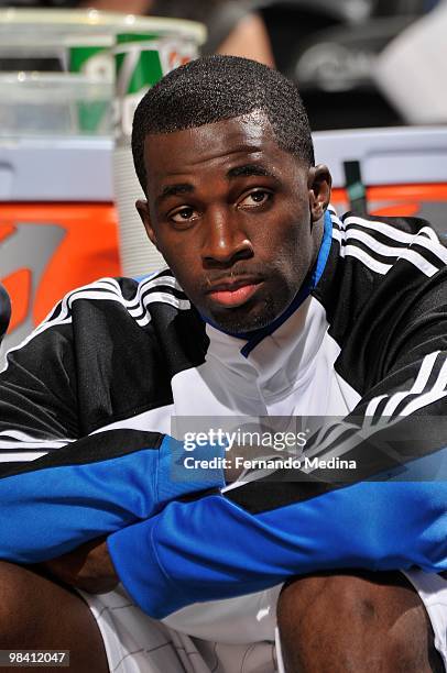 Brandon Bass of the Orlando Magic looks on from the sideline during the game against the Golden State Warriors on March 3, 2010 at Amway Arena in...
