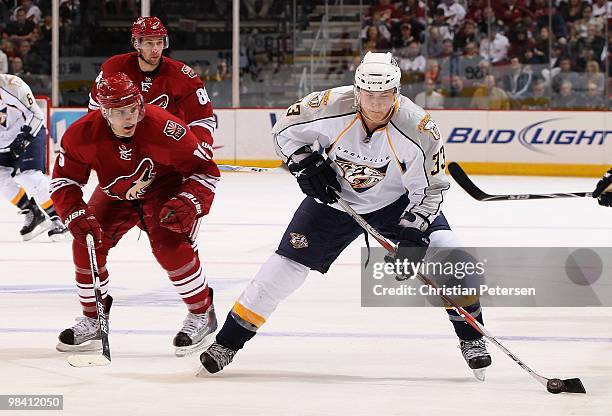 Colin Wilson of the Nashville Predators in action during the NHL game against the Phoenix Coyotes at Jobing.com Arena on April 7, 2010 in Glendale,...