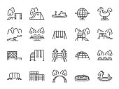 Playground icon set. Included icons as kids outdoor toy, sandbox, children parks, slide, monkey bar, dome climber, jungle gym and more.