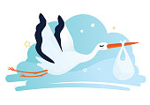 Vector illustration of a stork carrying a baby in a bag