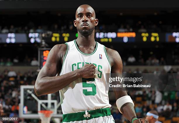 Kevin Garnett of the Boston Celtics looks on during the game against the Denver Nuggets at The TD Garden on March 24, 2010 in Boston, Massachusetts....