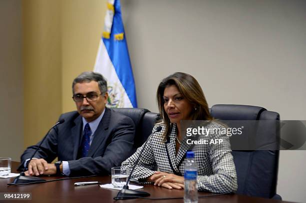 Costa Rican president elect Laura Chichilla , accompanied by her designated Minister of Foreign affairs Rene Castro Salazar, answers a question...
