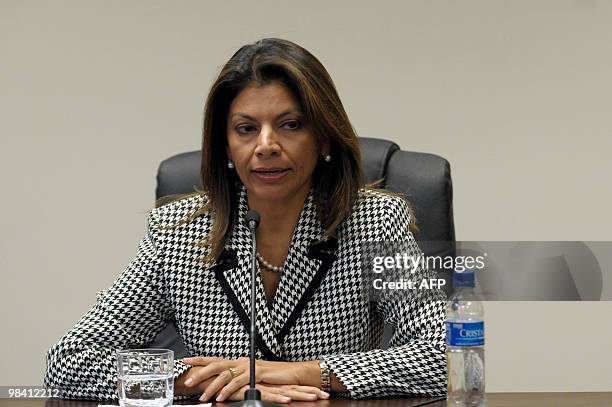 Costa Rican president elect Laura Chichilla answers a question during a press conference after meeting with Salvadorean President Mauricio Funes at...