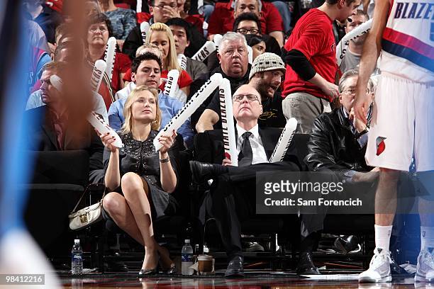 Paul Allen owner of the Portland Trail Blazers sits court side during the game against the Dallas Mavericks at The Rose Garden on March 25, 2010 in...