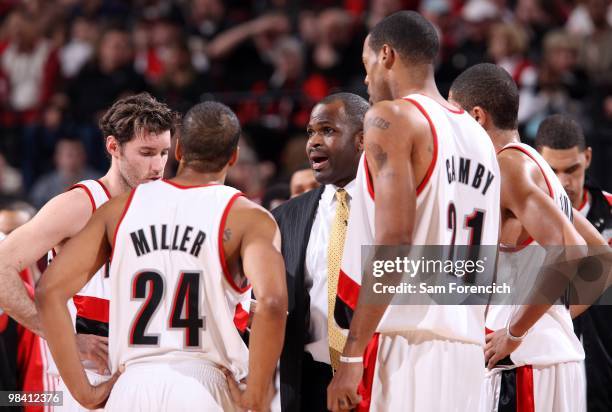 Head coach Nate McMillan of the Portland Trail Blazers talks to his team during the game against the Utah Jazz on February 21, 2010 at the Rose...