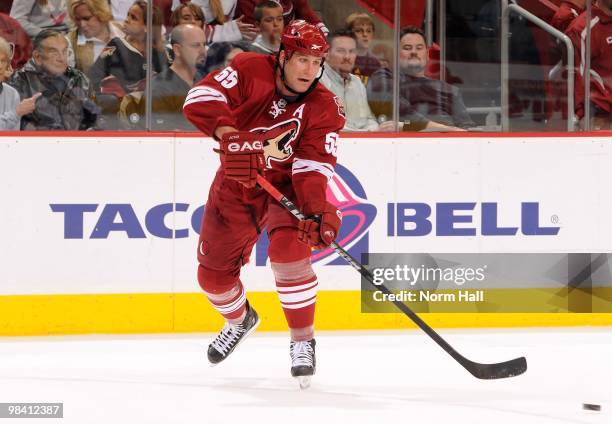 Ed Jovanovski of the Phoenix Coyotes passes the puck across ice against the Nashville Predators on April 7, 2010 at Jobing.com Arena in Glendale,...