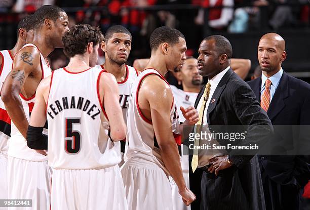 Head coach Nate McMillan of the Portland Trail Blazers stands with his team during the game against the Utah Jazz on February 21, 2010 at the Rose...
