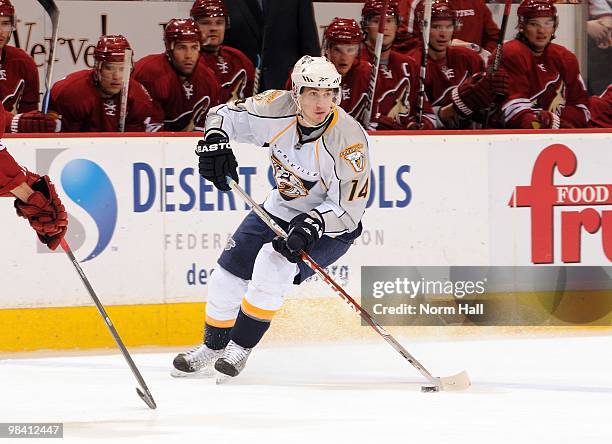 Dustin Boyd of the Nashville Predators looks to pass the puck against the Phoenix Coyotes on April 7, 2010 at Jobing.com Arena in Glendale, Arizona.