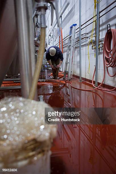 brewer working in a brewery - industrial hose stockfoto's en -beelden