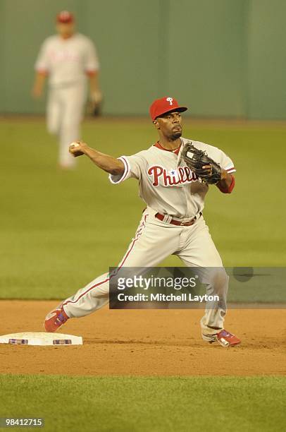 Jimmy Rollins of the Philadelphia Phillies fielda a ground ball during a baseball game against the Washington Nationals on April 7, 2010 at Nationals...