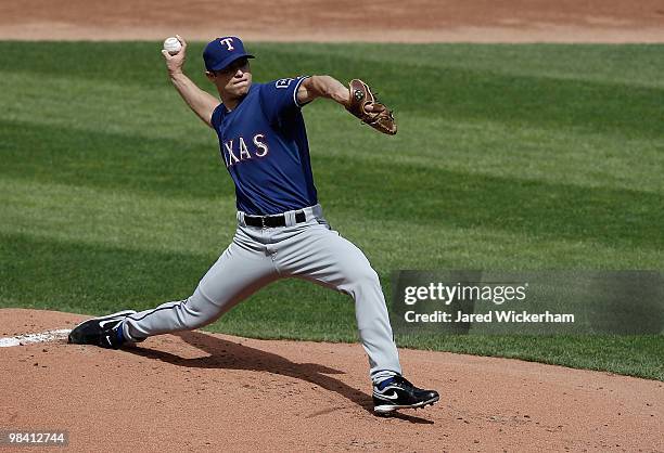 Rich Harden of the Texas Rangers pitches against the Cleveland Indians during the Opening Day game on April 12, 2010 at Progressive Field in...