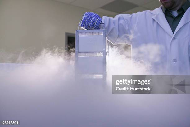 scientist removing samples from a storage tank of liquid nitrogen - liquid nitrogen foto e immagini stock