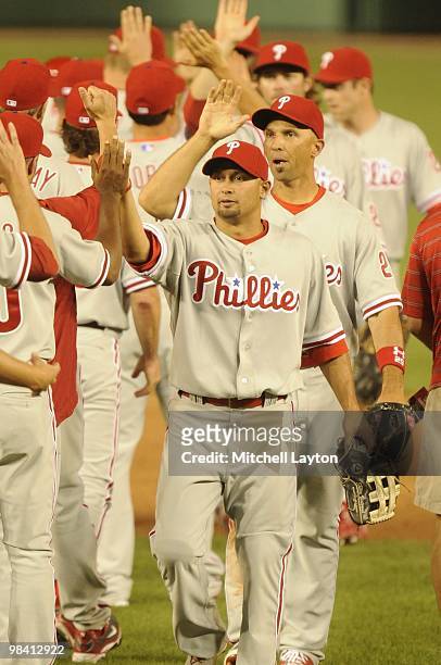 Shane Victorino of the Philadelphia Phillies celebrates a win after a baseball game against the Washington Nationals on April 7, 2010 at Nationals...