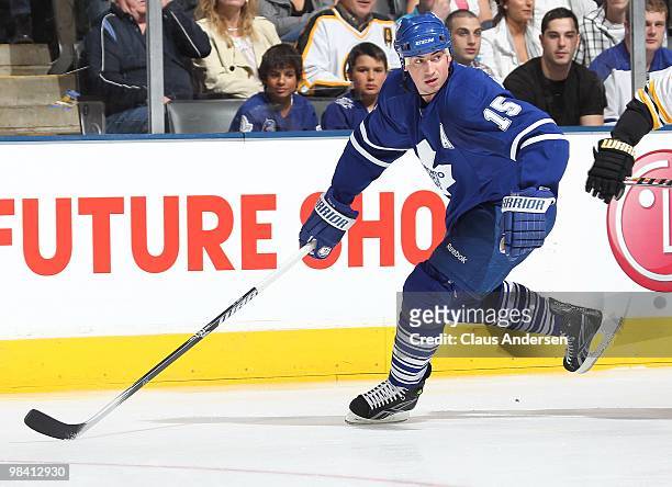 Tomas Kaberle of the Toronto Maple Leafs skates in a game against the Boston Bruins on April 3, 2010 at the Air Canada Centre in Toronto, Ontario....