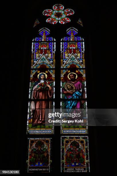 stained glass window of church of st. ludmila. prague - stained glass czech republic stock pictures, royalty-free photos & images