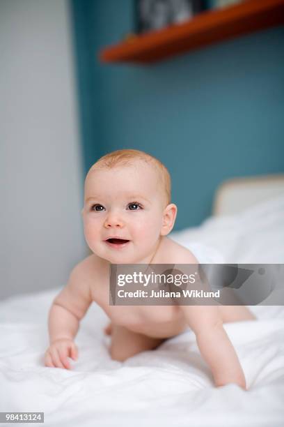 portrait of a baby lying in a bed sweden. - juliana posada - fotografias e filmes do acervo