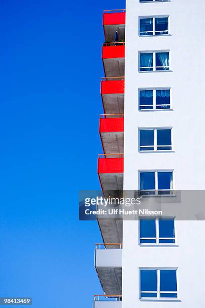 apartment building with red balconies sweden. - västra götaland county bildbanksfoton och bilder