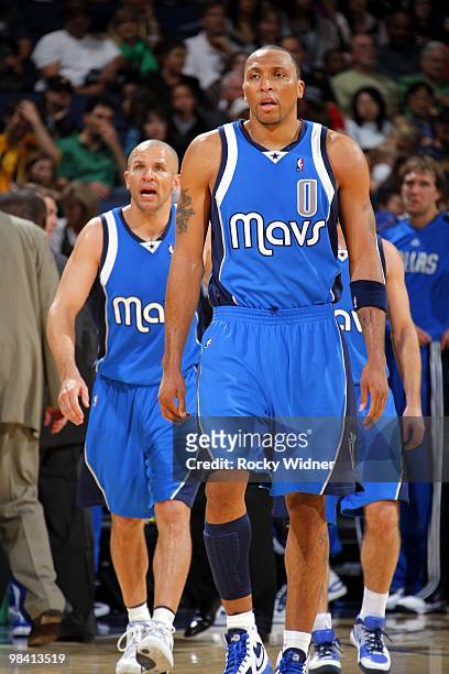 Shawn Marion and Jason Kidd of the Dallas Mavericks takes the court during the game against against the Golden State Warriors at Oracle Arena on...