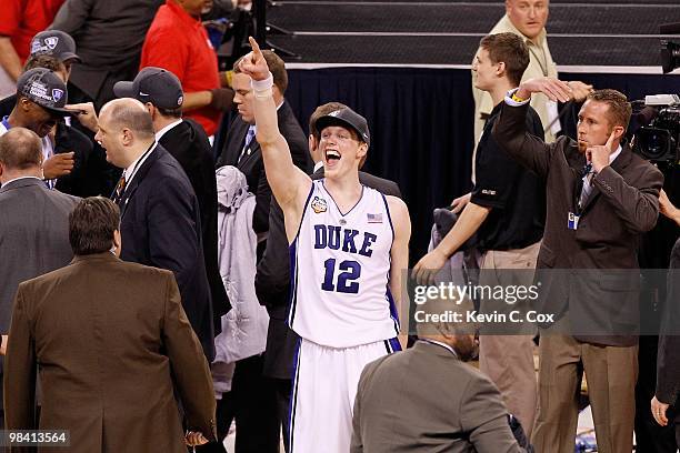 Kyle Singler of the Duke Blue Devils celebrates after Duke won 61-59 against the Butler Bulldogs during the 2010 NCAA Division I Men's Basketball...