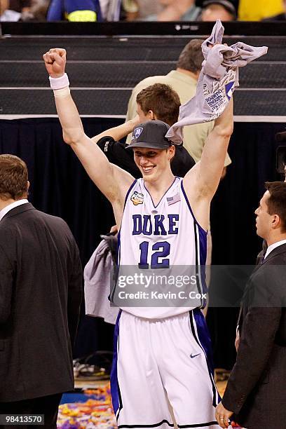 Kyle Singler of the Duke Blue Devils celebrates after Duke won 61-59 against the Butler Bulldogs during the 2010 NCAA Division I Men's Basketball...