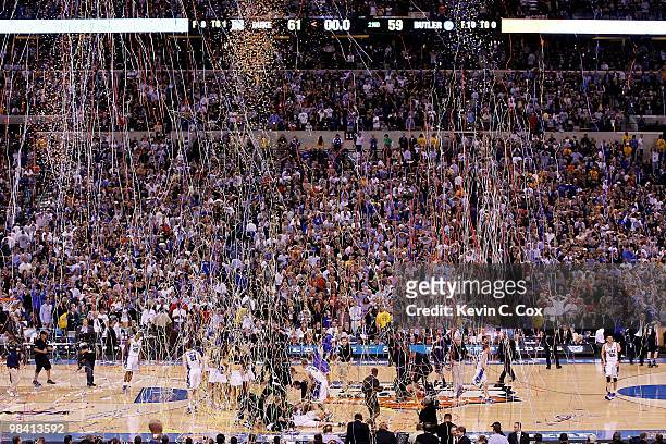 Confetti falls as the Duke Blue Devils celebrate after they won 61-59 against the Butler Bulldogs during the 2010 NCAA Division I Men's Basketball...
