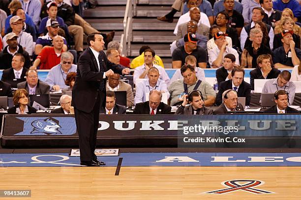 Head coach Mike Krzyzewski of the Duke Blue Devils reacts as he coaches against the Butler Bulldogs during the 2010 NCAA Division I Men's Basketball...