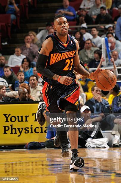Watson of the Golden State Warriors moves the ball against the Orlando Magic during the game on March 3, 2010 at Amway Arena in Orlando, Florida. The...