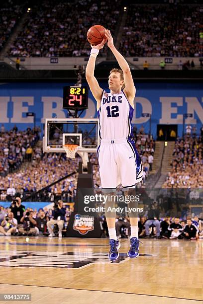 Kyle Singler of the Duke Blue Devils attempts a shot against the Butler Bulldogs during the 2010 NCAA Division I Men's Basketball National...